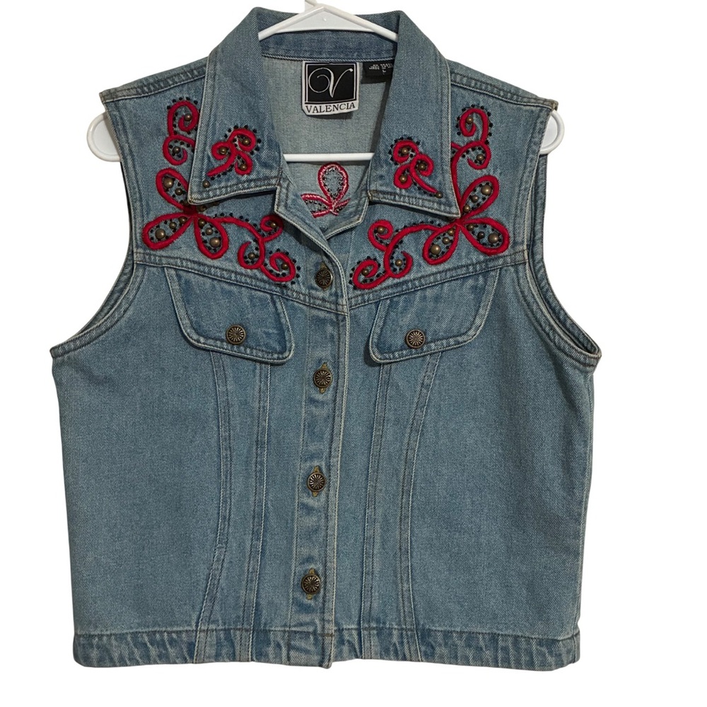 Valencia Denim Vest Women’s Large Red Embroidered Western Wear Cowboy Dress VTG